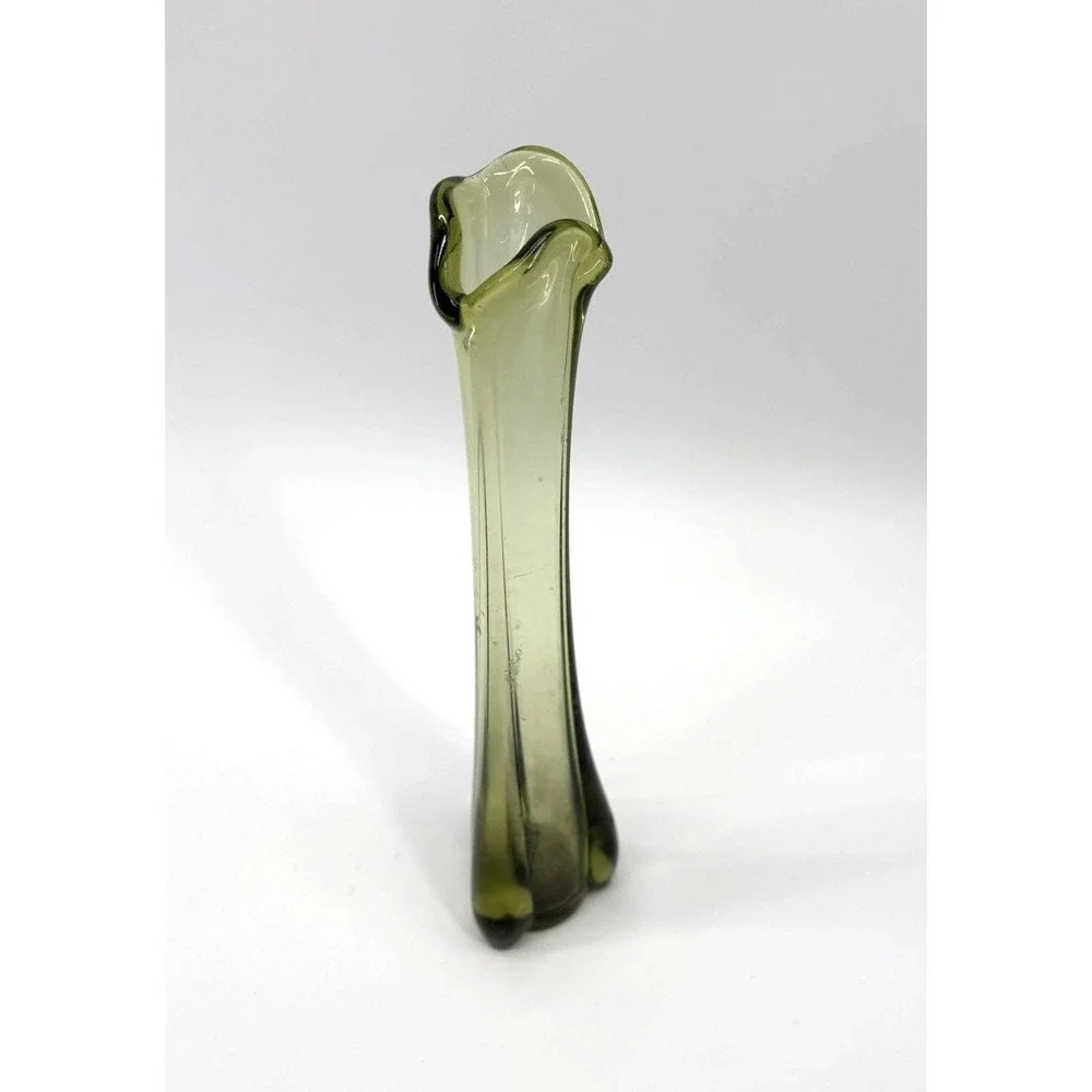 Vintage Avocado Olive Green Swung Glass Ruffled Mid Century Modern 10.5 in